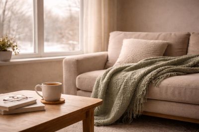 counselling room with sofa and blanket, winter scene outside the window