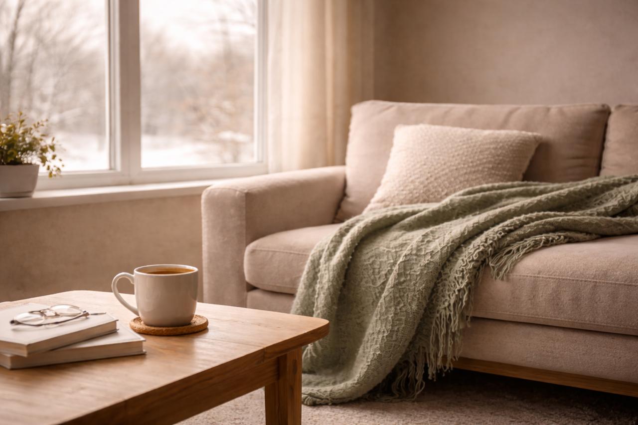 counselling room with sofa and blanket, winter scene outside the window