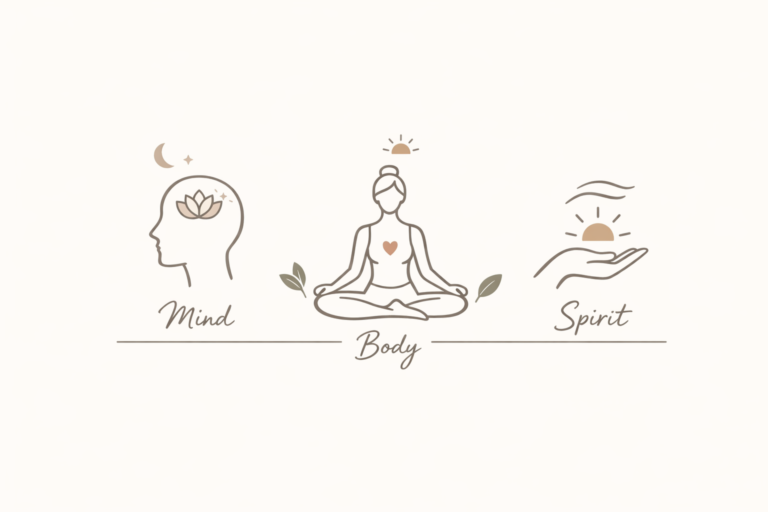 Images of a brain, a meditating woman and hand holding the sun with the words Mind, Body and Spirit under each