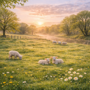 A grassy meadow with sheep and lambs in soft sunlight
