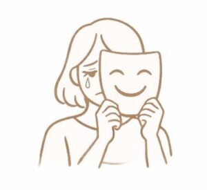 An image of a woman crying holding a happy mask in front of her face