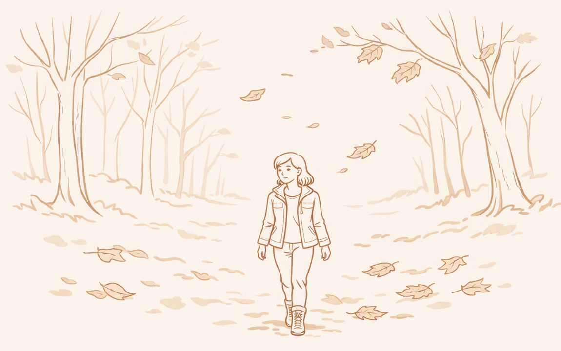 A woman walking through trees with leaves falling around her